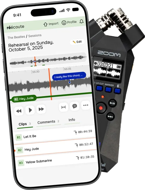 An iPhone displaying the Réécoute app, along with a handheld audio recorder in the background